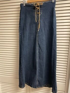 VIntage Y2K Dark Blue Women's Denim Maxi Skirt with Lace-Up Waist 14” waist